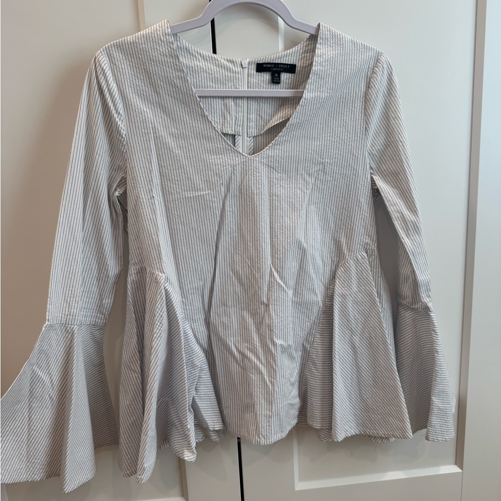 Striped V-Neck Flare Sleeve Peplum Top